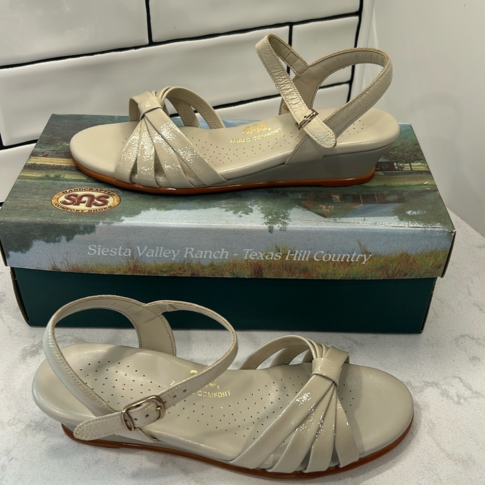 SAS Strippy Quarter Strap Wedge Sandal Women's Stylish Bone Size 7.5M
